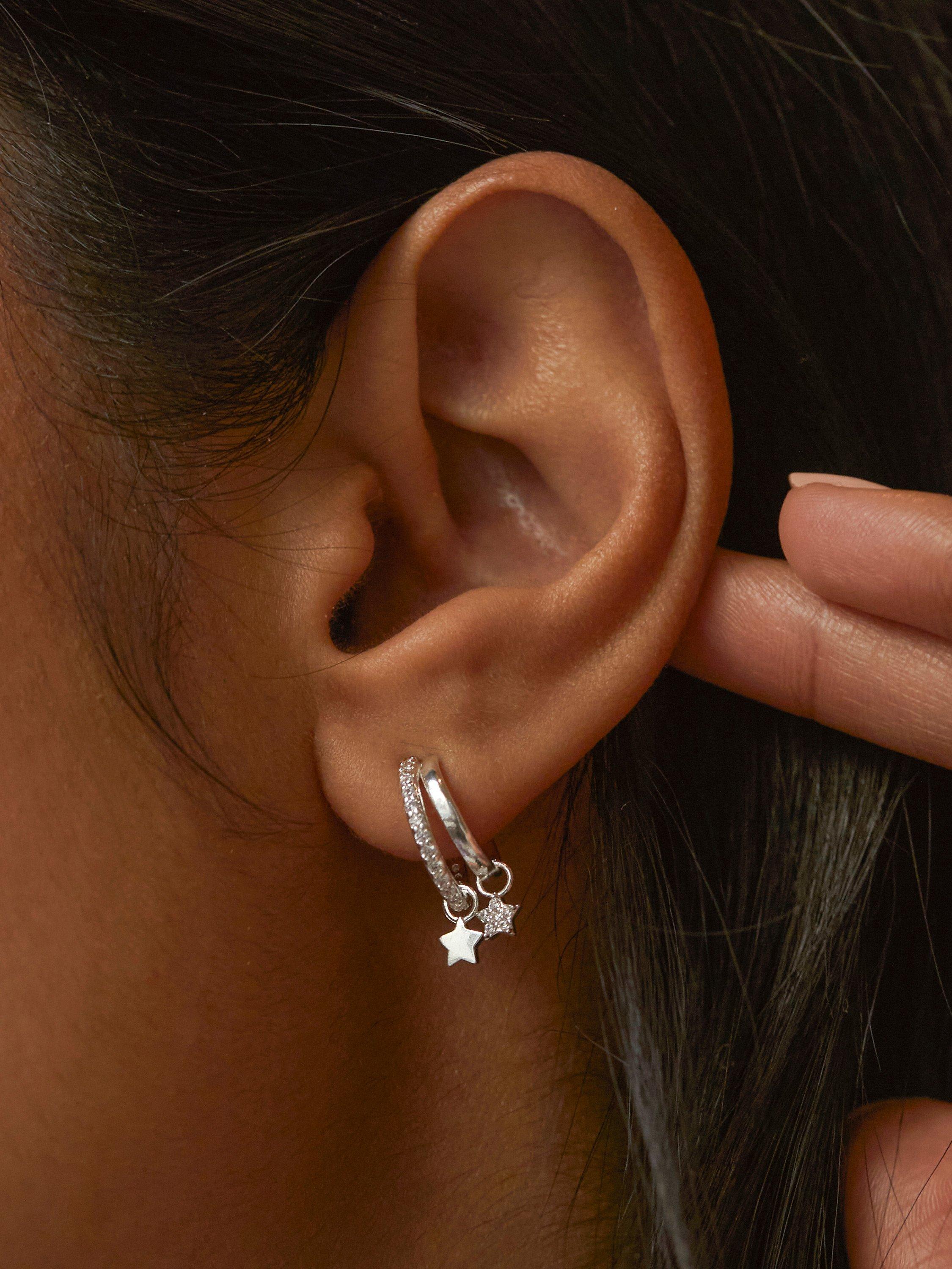Product image 2 of 3, which shows Estella Bartlett Duo Cubic Zirconia Pave Star Hoops, Silver