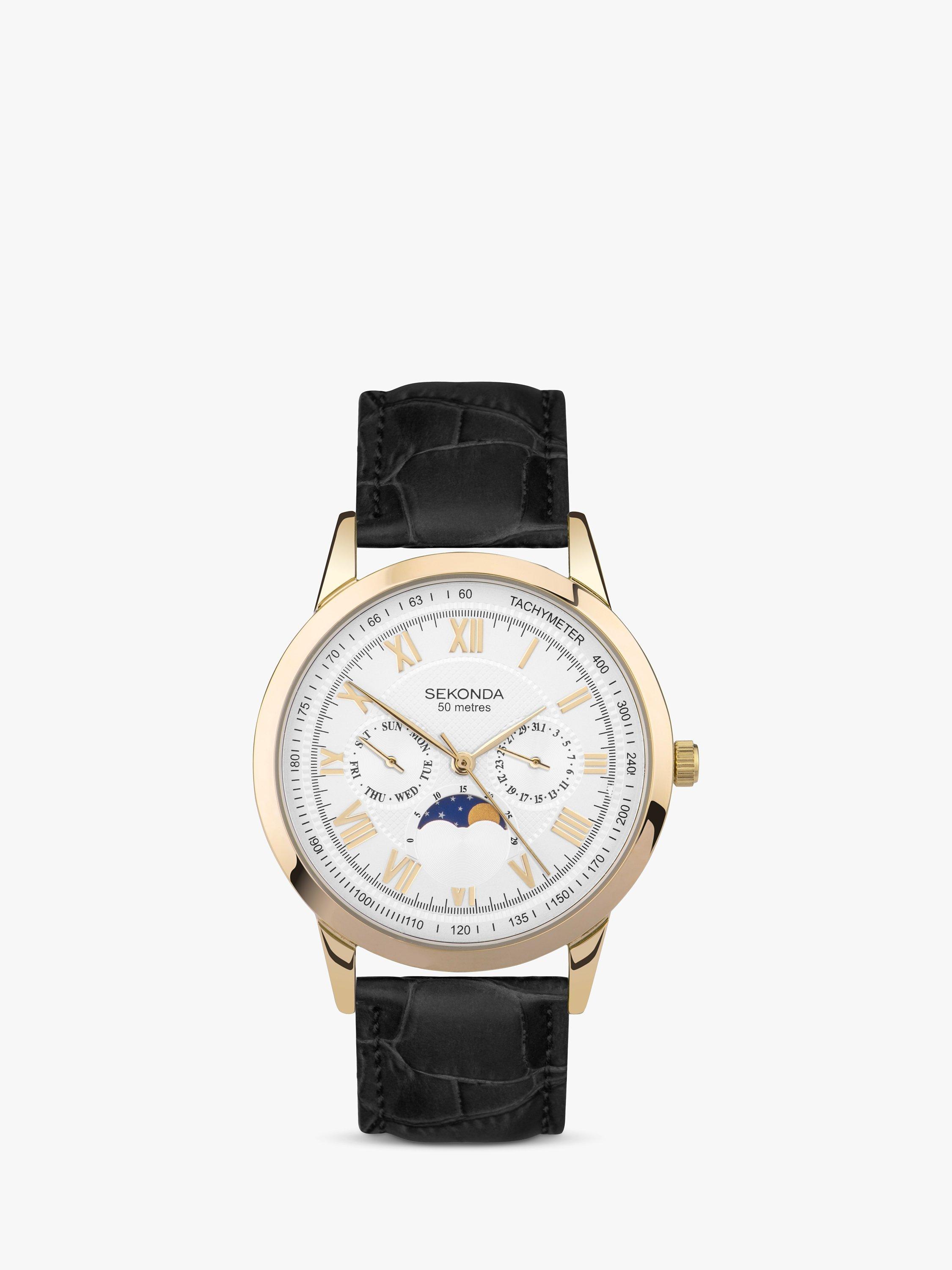 Product image 1 of 6, which shows Sekonda Men's Armstrong Chronograph Moonphase Leather Strap Watch, Black/Gold 30147