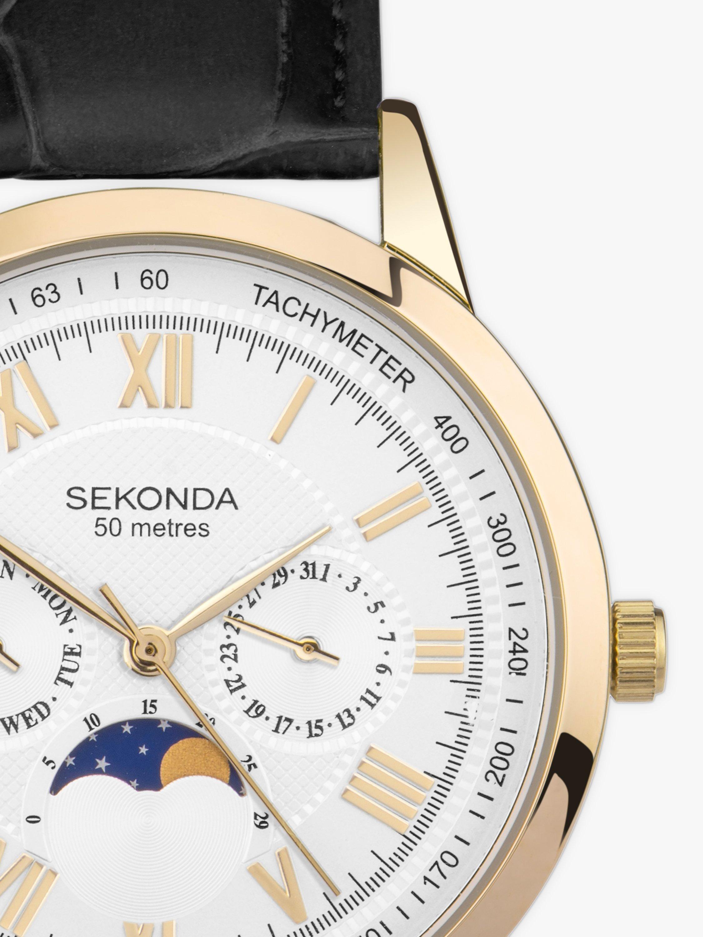 Product image 2 of 6, which shows Sekonda Men's Armstrong Chronograph Moonphase Leather Strap Watch, Black/Gold 30147