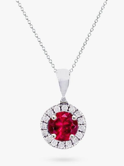 E.W Adams 18ct White Gold Ruby & Diamond Cluster Pendant Necklace, Silver