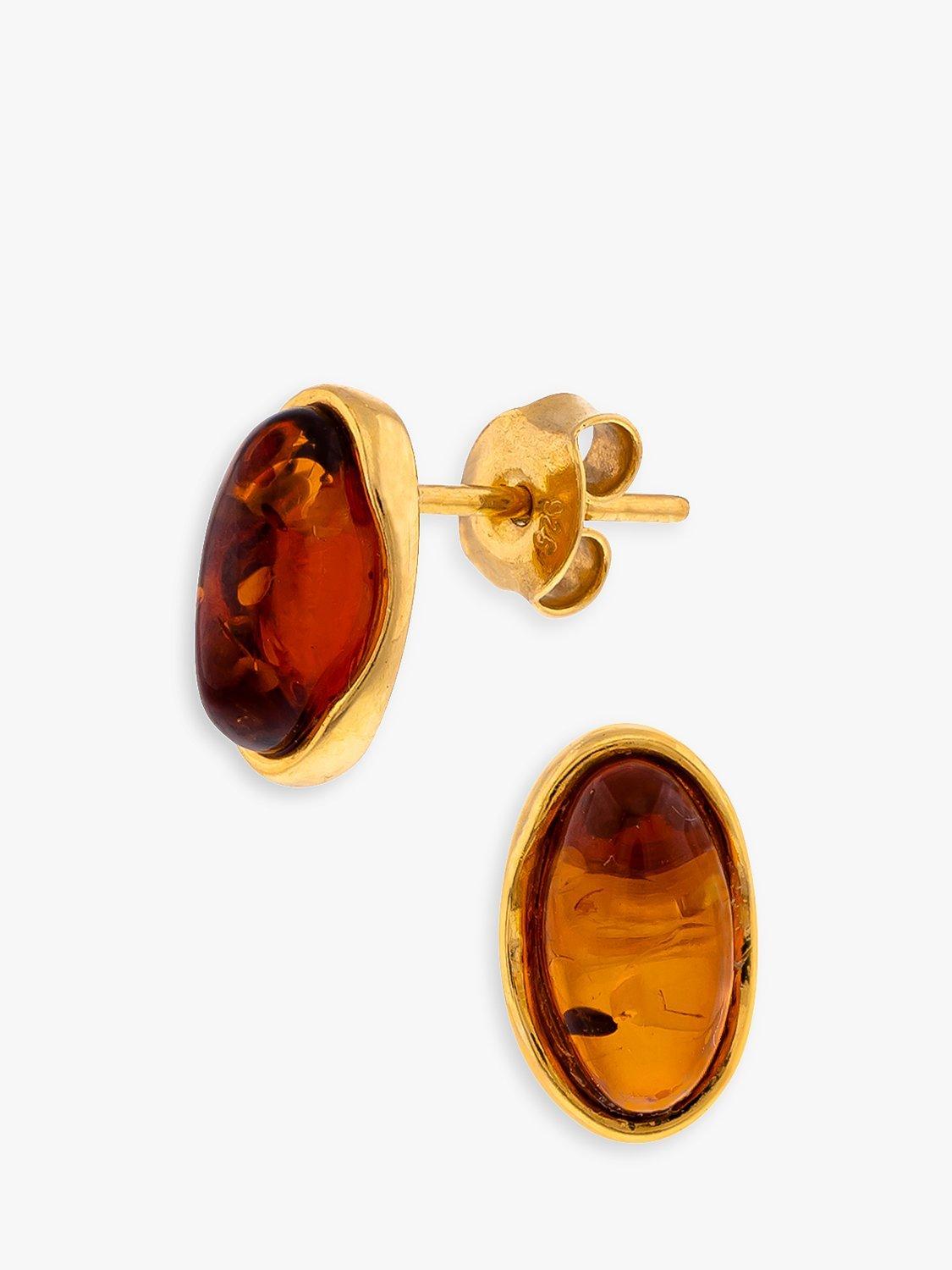 Product image 1 of 4, which shows Be-Jewelled Oval Amber Stud Earrings, Gold/Cognac