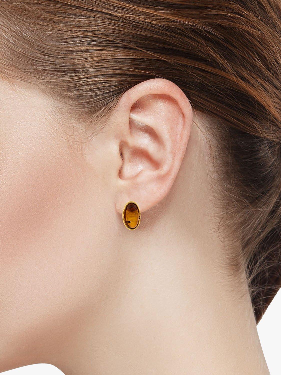 Product image 2 of 4, which shows Be-Jewelled Oval Amber Stud Earrings, Gold/Cognac