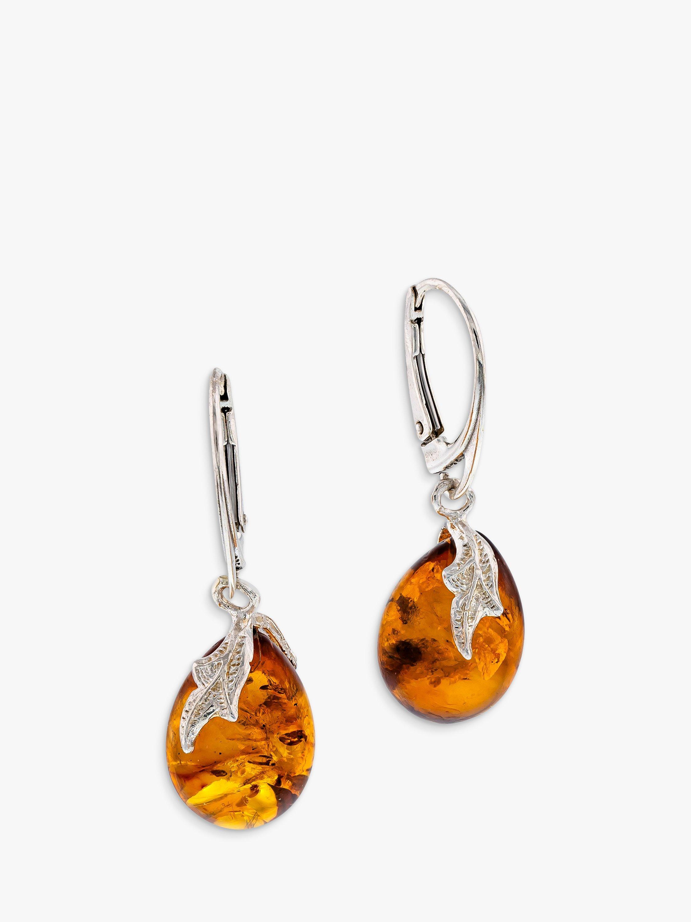 Be Jewelled Pear Shape Baltic Cognac Amber Drop Earrings Cognac Silver