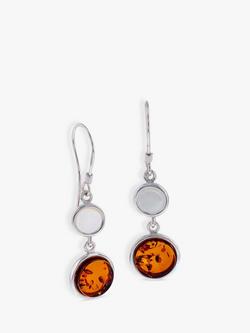 Be-Jewelled Round Mother of Pearl and Amber Drop Earrings, Silver/Cognac, Silver/Cognac