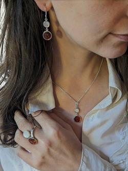 Be-Jewelled Round Mother of Pearl and Amber Drop Earrings, Silver/Cognac - view 2, Silver/Cognac