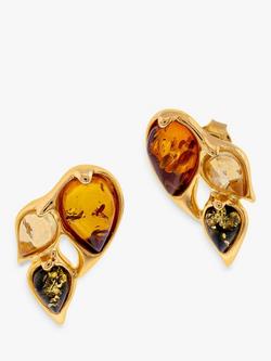 Be-Jewelled Baltic Amber Leaf Stud Earrings, Gold/Multi, Gold/Multi