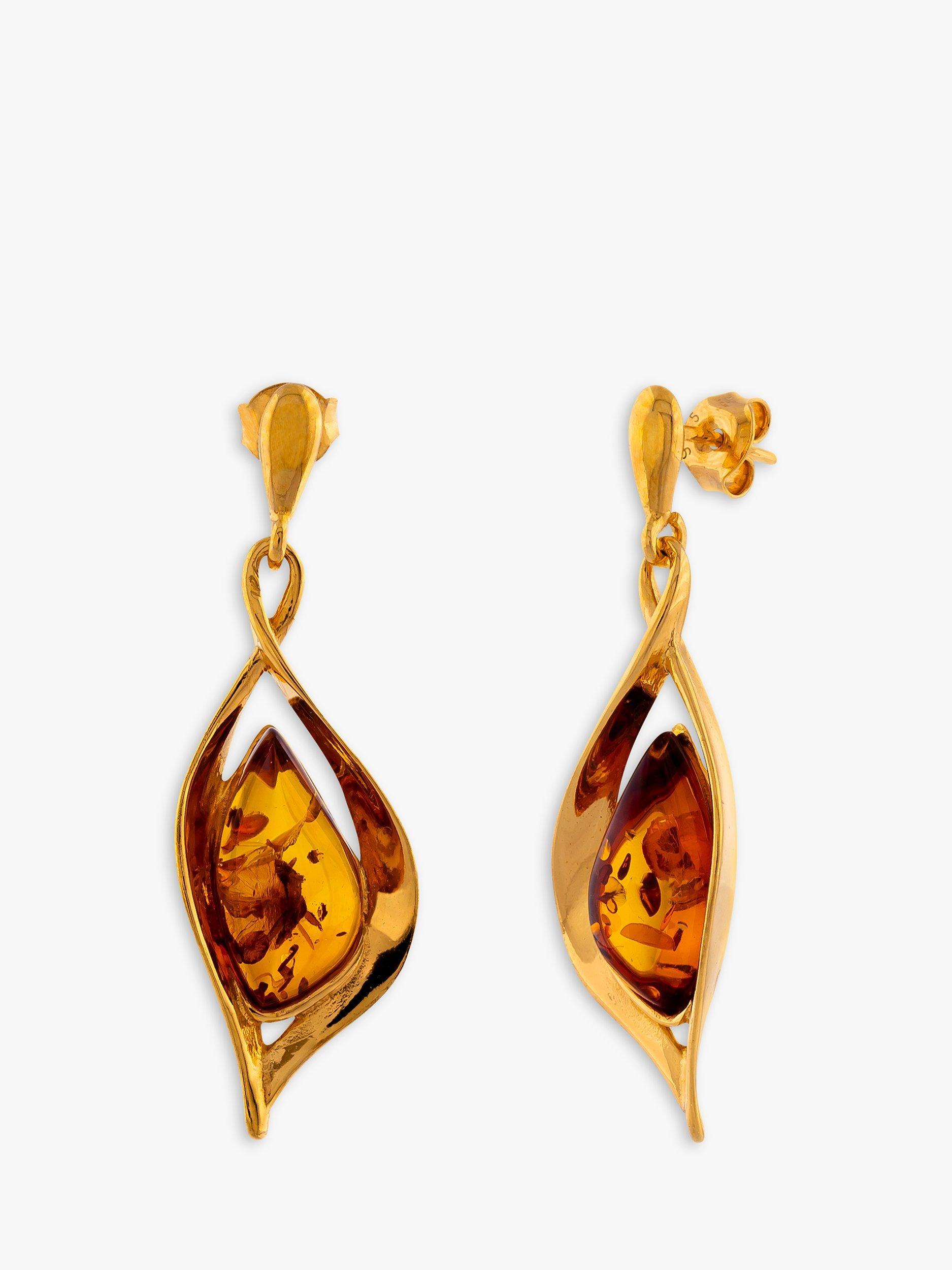 Product image 1 of 4, which shows Be-Jewelled Twist Amber Drop Earrings, Gold/Cognac