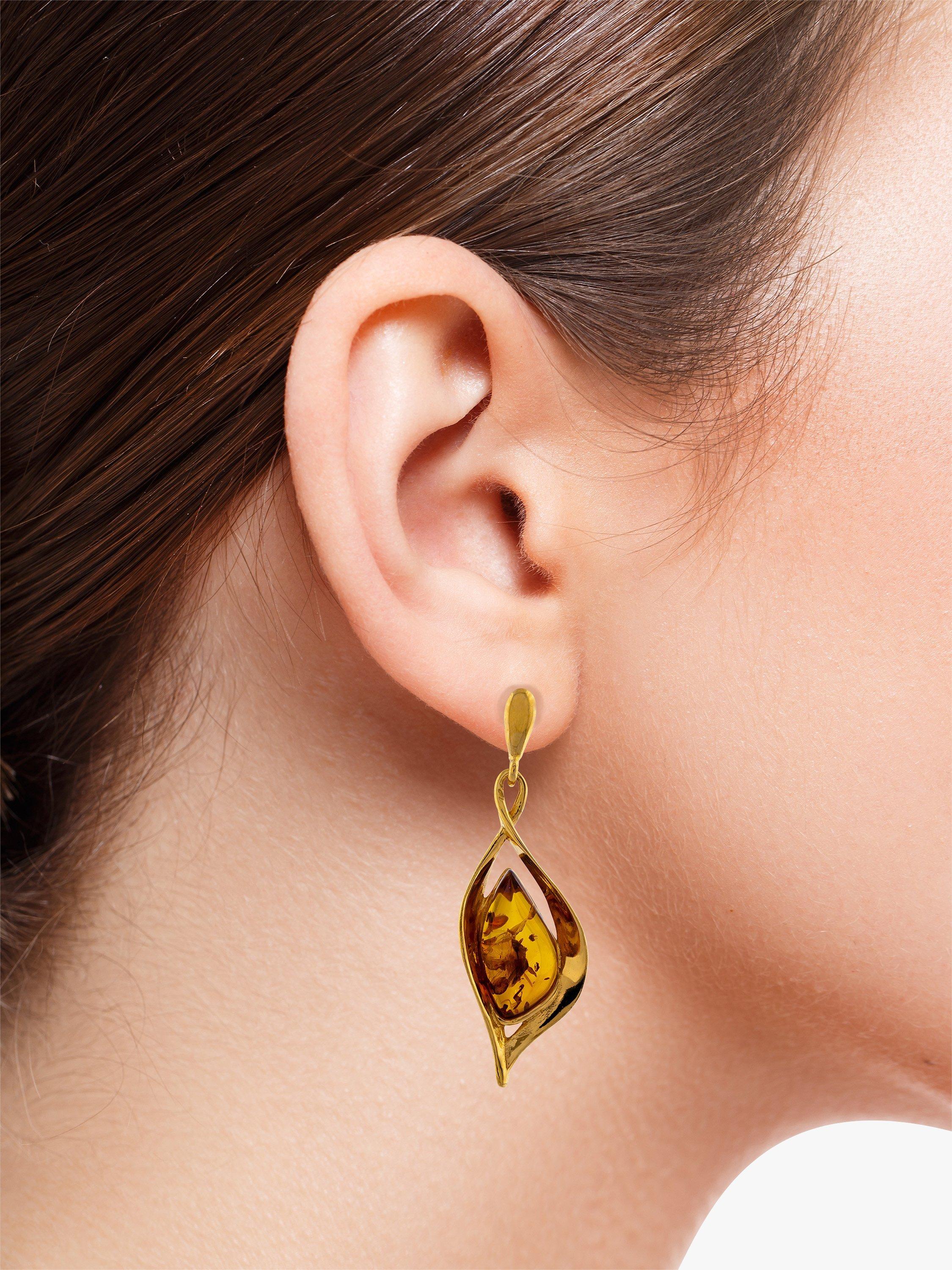 Product image 2 of 4, which shows Be-Jewelled Twist Amber Drop Earrings, Gold/Cognac