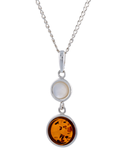 Be-Jewelled Round Amber and Pearl Pendant Necklace, Silver/Cognac, Cognac, Pearl White