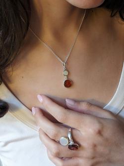 Be-Jewelled Round Amber and Pearl Pendant Necklace, Silver/Cognac - view 2, Cognac, Pearl White