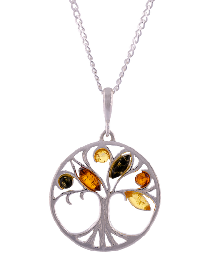 Be-Jewelled Amber Round Tree Pendant Necklace, Silver/Multi, Lemon And Green