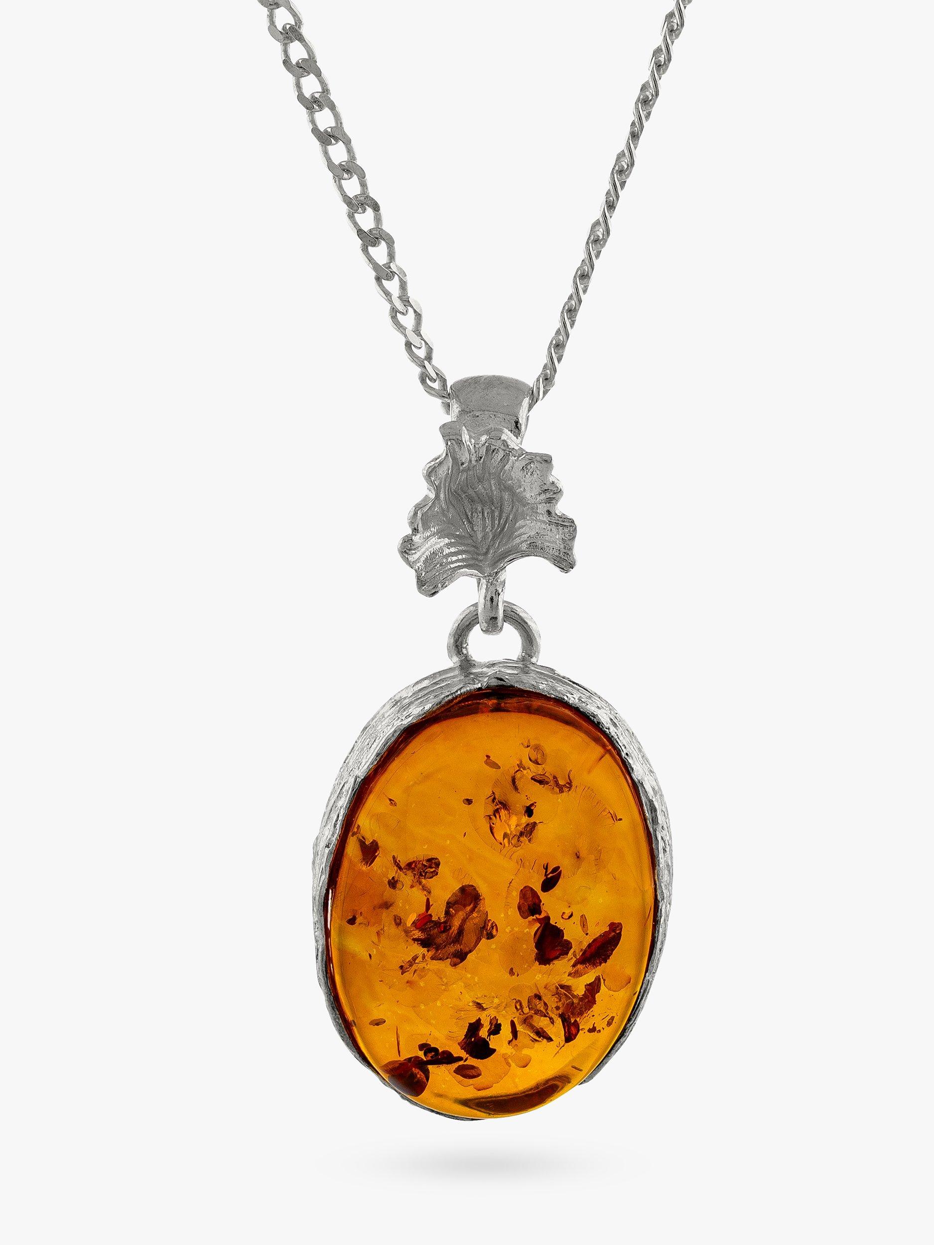 Product image 1 of 4, which shows Be-Jewelled Oval Amber Pendant Necklace, Silver/Cognac