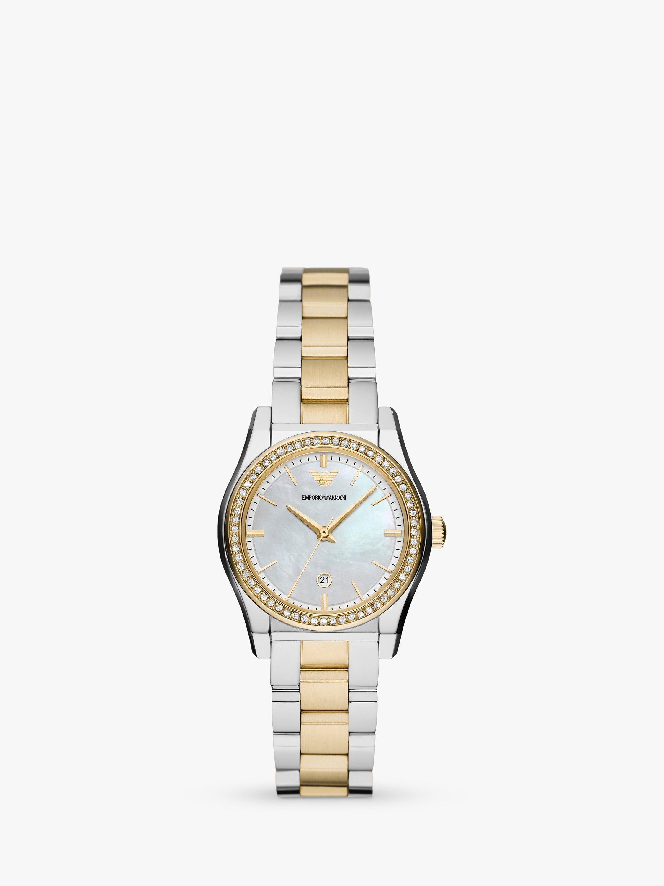 Emporio Armani AR11559 Women s Mother of Pearl Crystal Bracelet Strap Watch Silver Gold