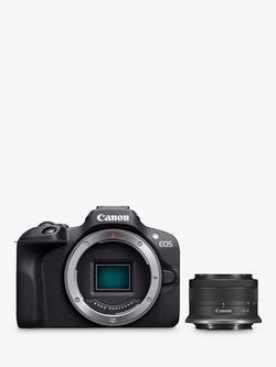 Canon EOS R100 Compact System Camera with RF-S 18-45mm Zoom Lens, 4K Ultra HD, 24.1MP, Wi-Fi, Bluetooth, OLED EVF, 3" Screen, Black, Black