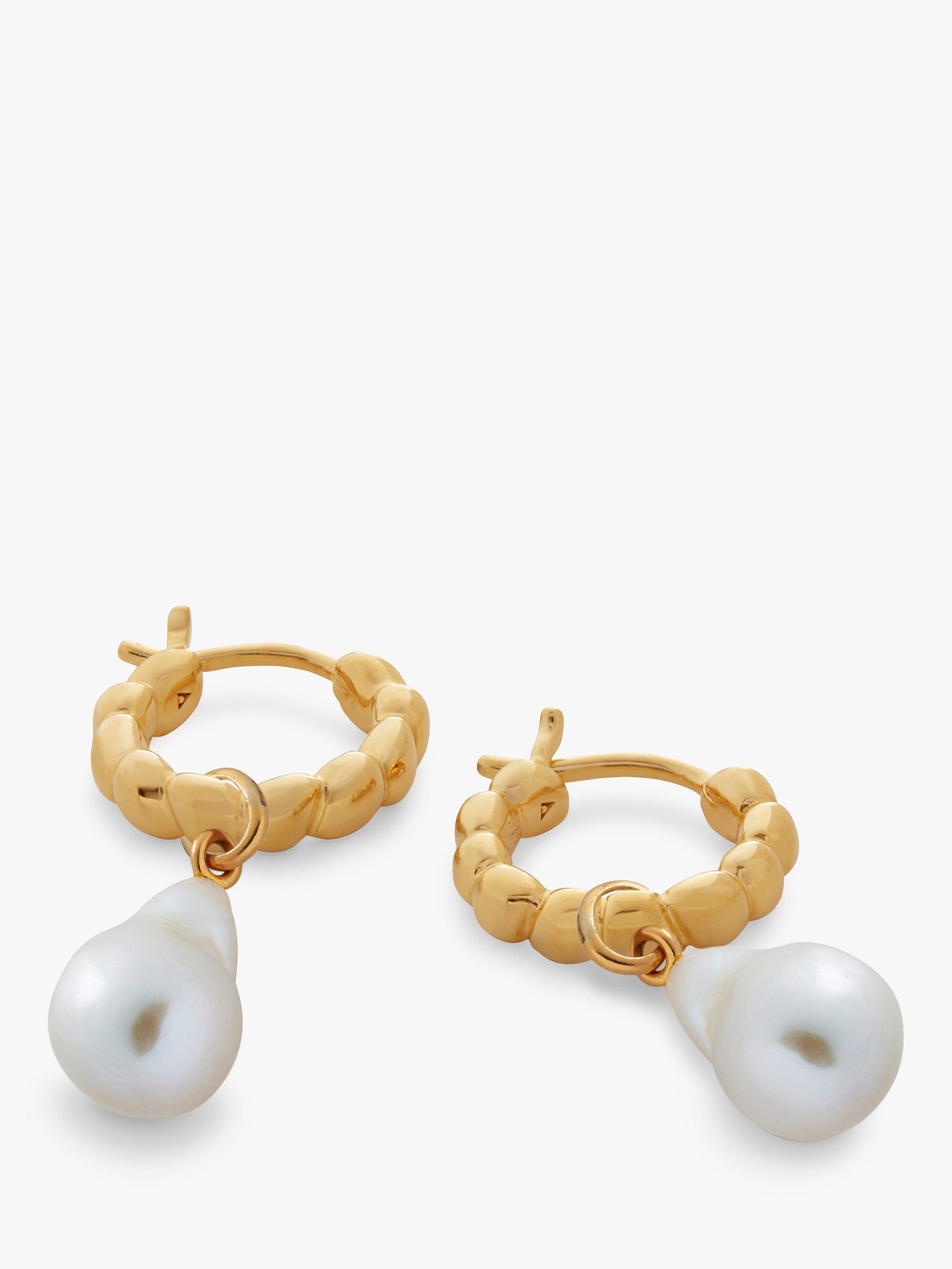 Product image 1 of 6, which shows Monica Vinader Nura Teardrop Pearl Huggie Earrings, Gold