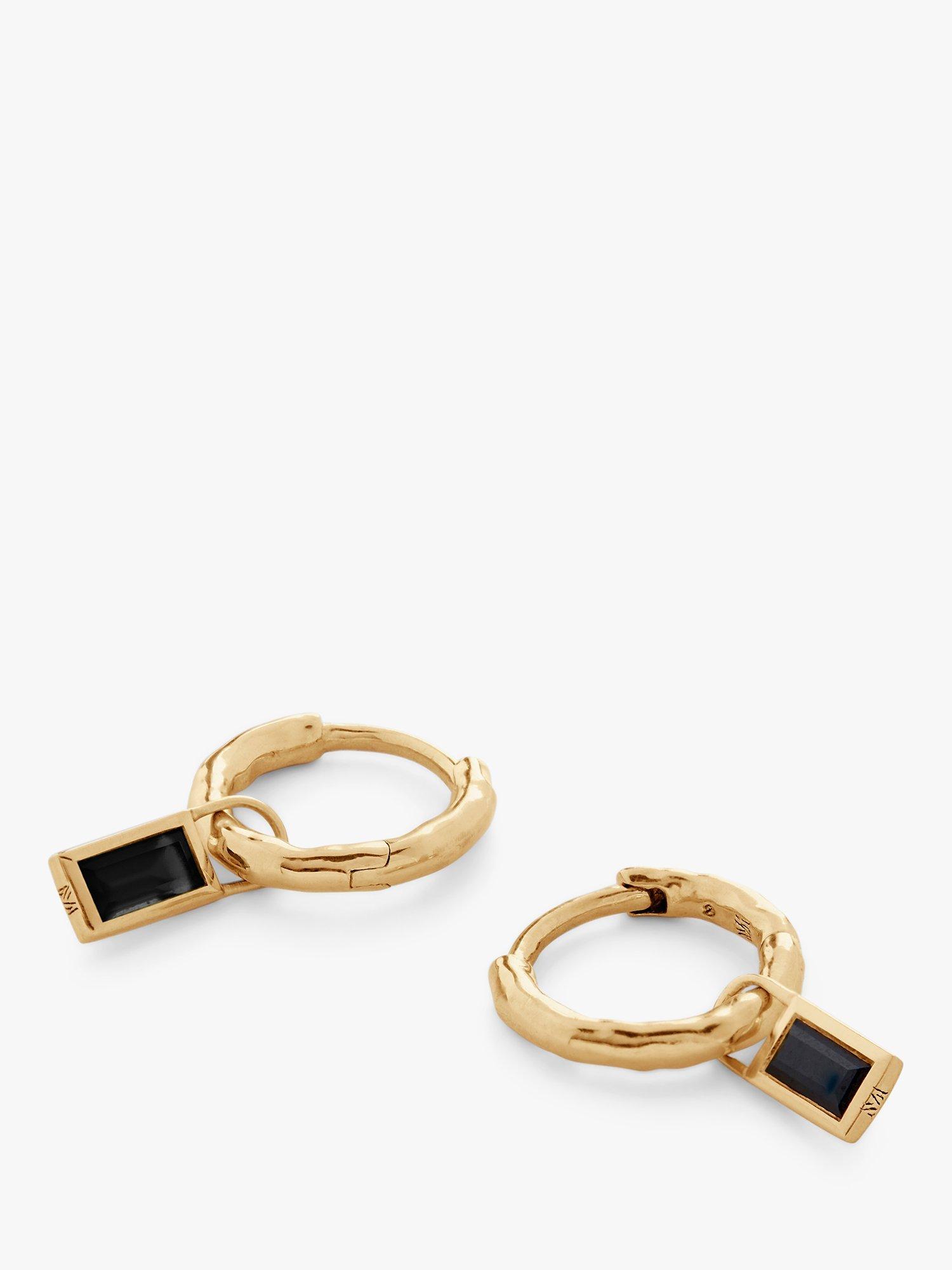 Product image 1 of 4, which shows Monica Vinader Siren Muse Black Spinel Baguette Gemstone Mini Huggie Earrings, Gold