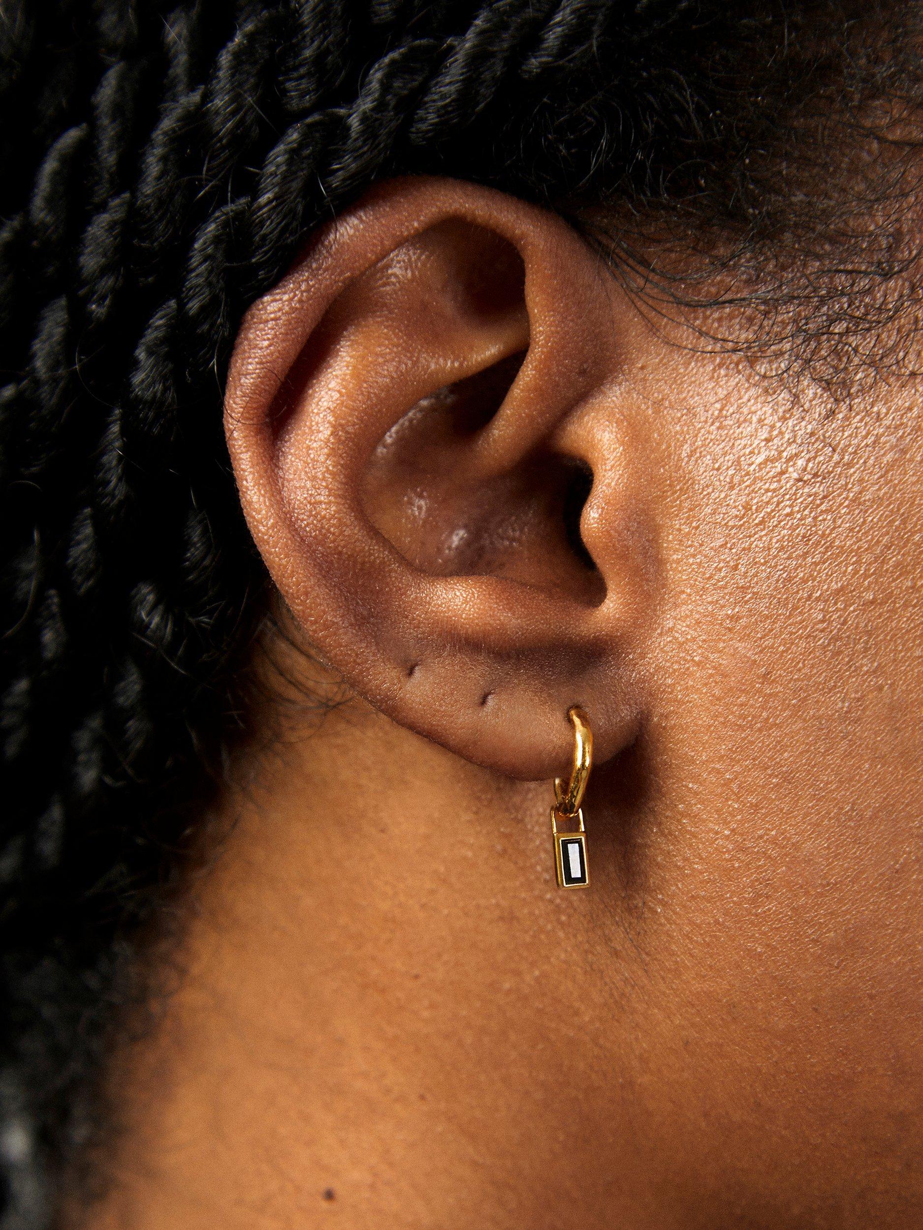 Product image 3 of 4, which shows Monica Vinader Siren Muse Black Spinel Baguette Gemstone Mini Huggie Earrings, Gold