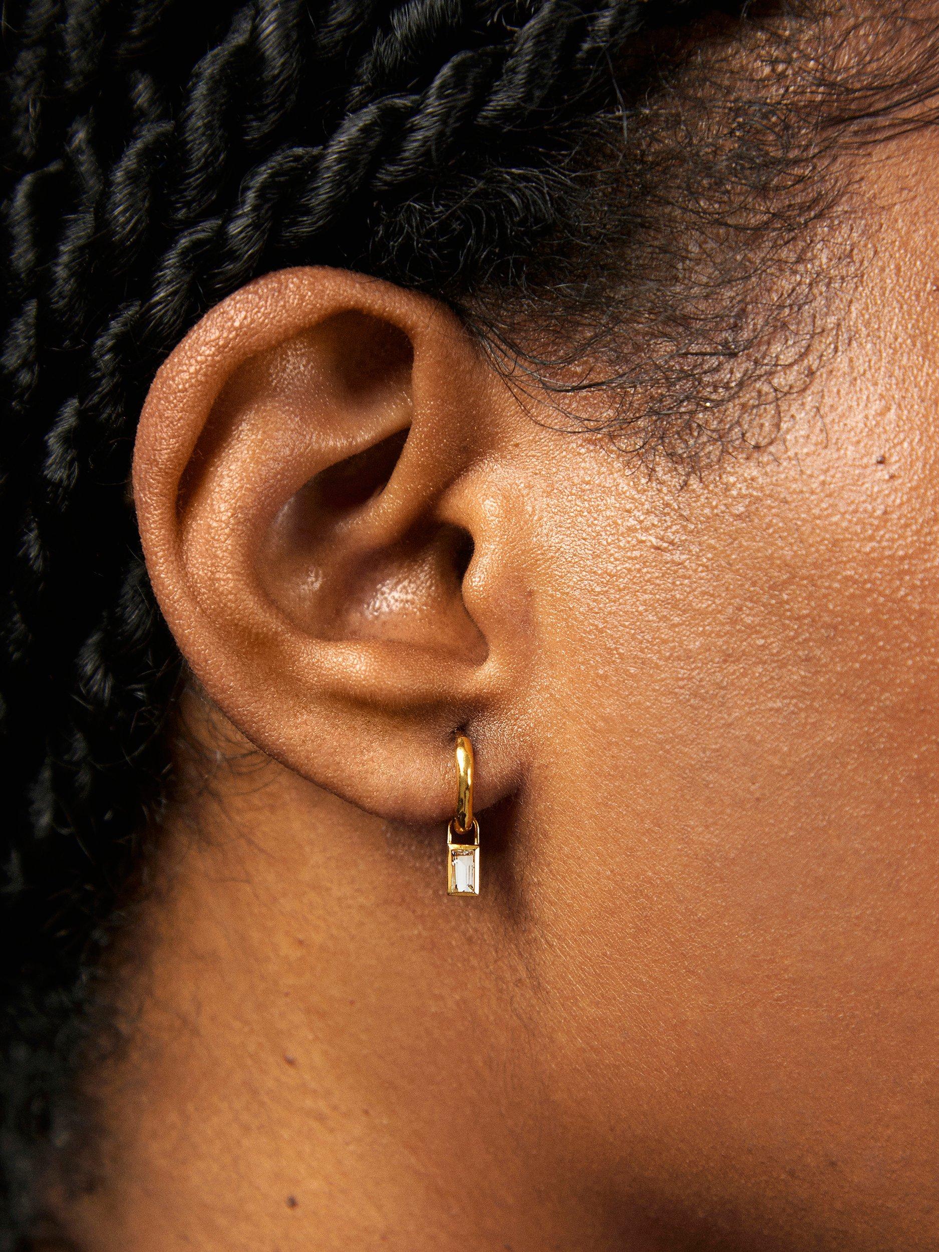 Product image 2 of 3, which shows Monica Vinader Rock Crystal Charm Huggie Hoop Earrings, Gold