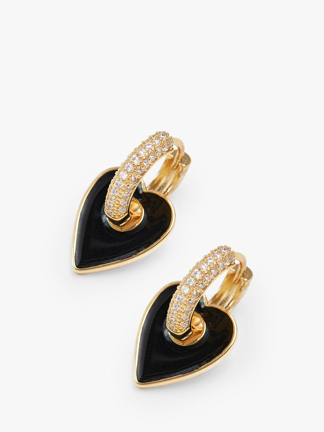 Product image 1 of 3, which shows Jon Richard Cubic Zirconia and Enamel Heart Earrings, Gold/Black