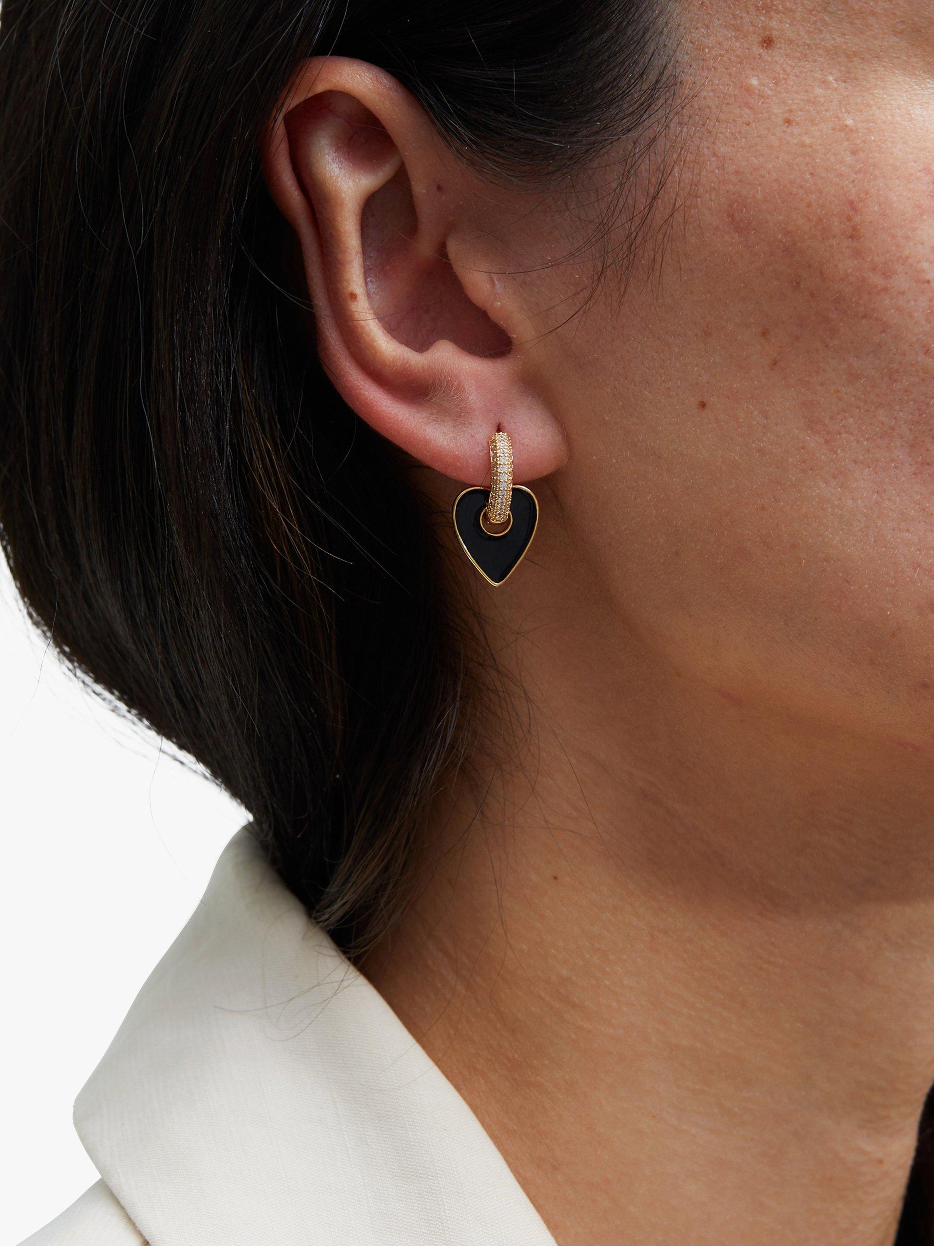 Product image 2 of 3, which shows Jon Richard Cubic Zirconia and Enamel Heart Earrings, Gold/Black