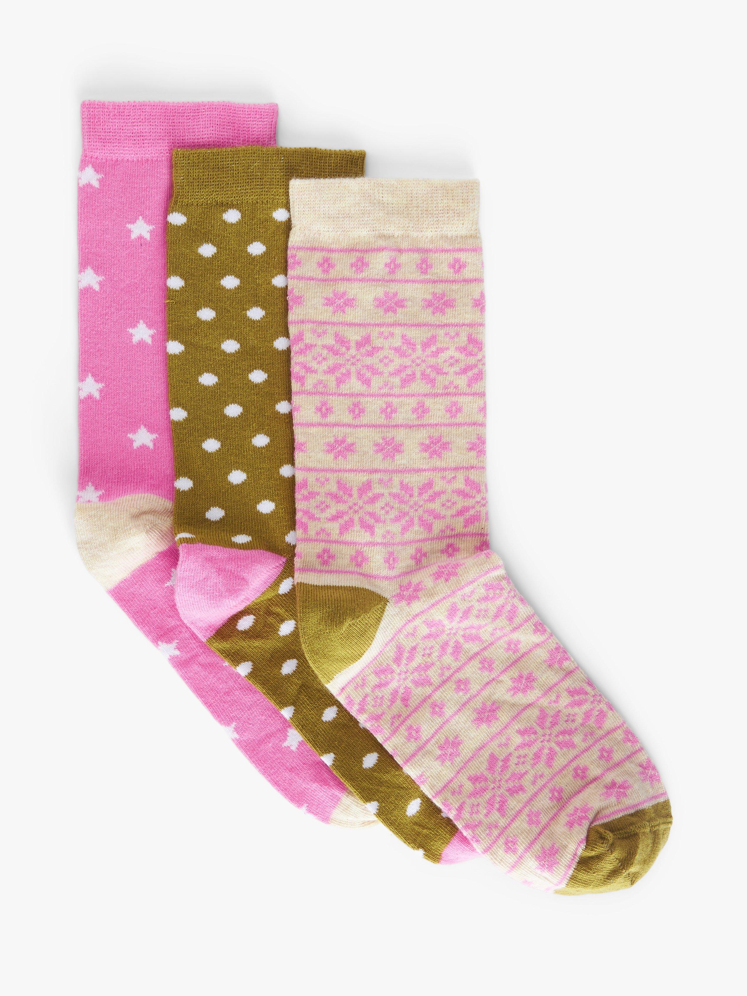 John Lewis Spots Star Fairisle Organic Cotton Mix Ankle Socks, Pack of 3, Khaki/Pink