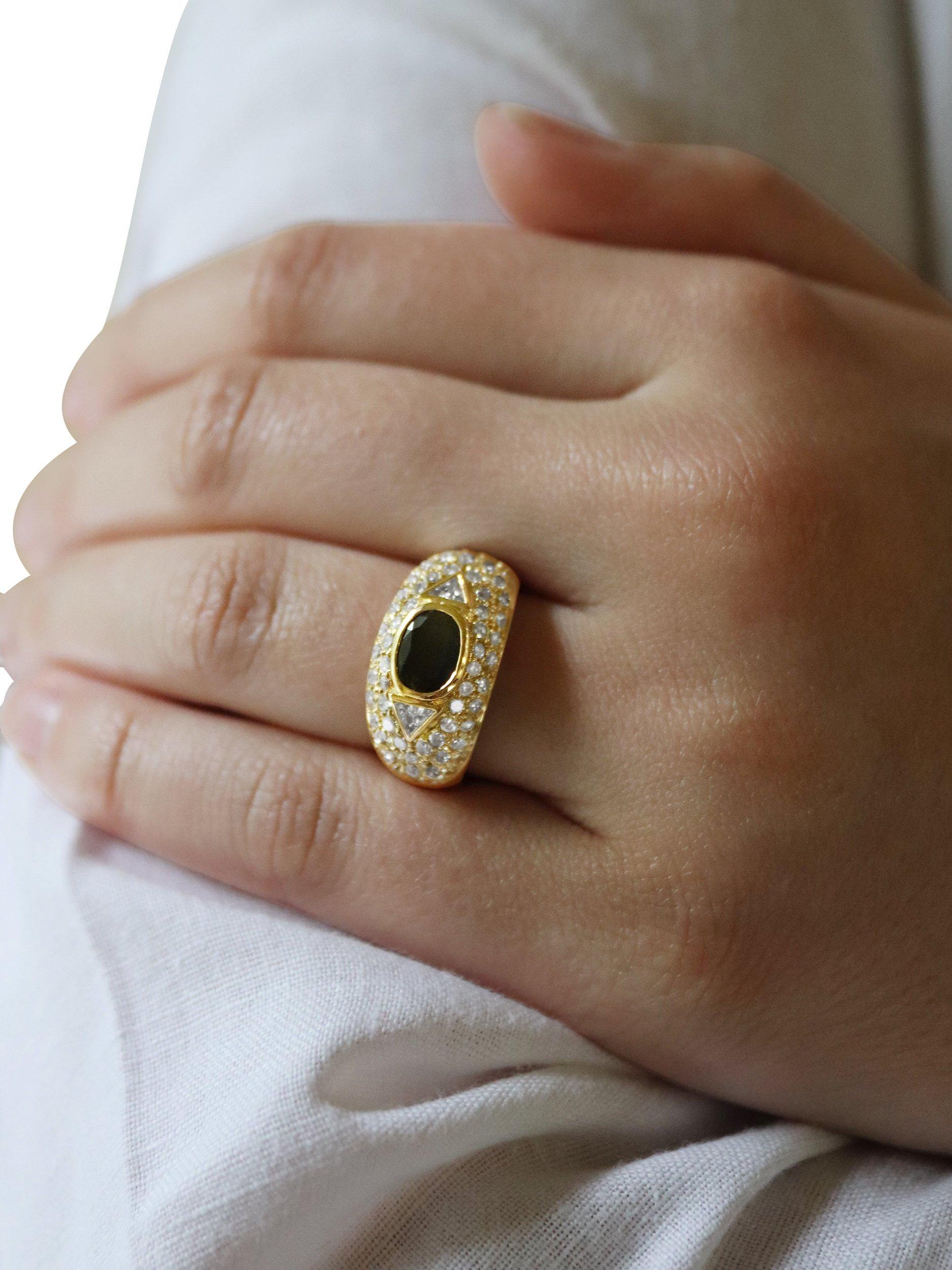 Product image 5 of 5, which shows Milton & Humble Jewellery Pre-Loved 18ct Gold Diamond and Sapphire Domed Band Ring, Dated Edinburgh 2017