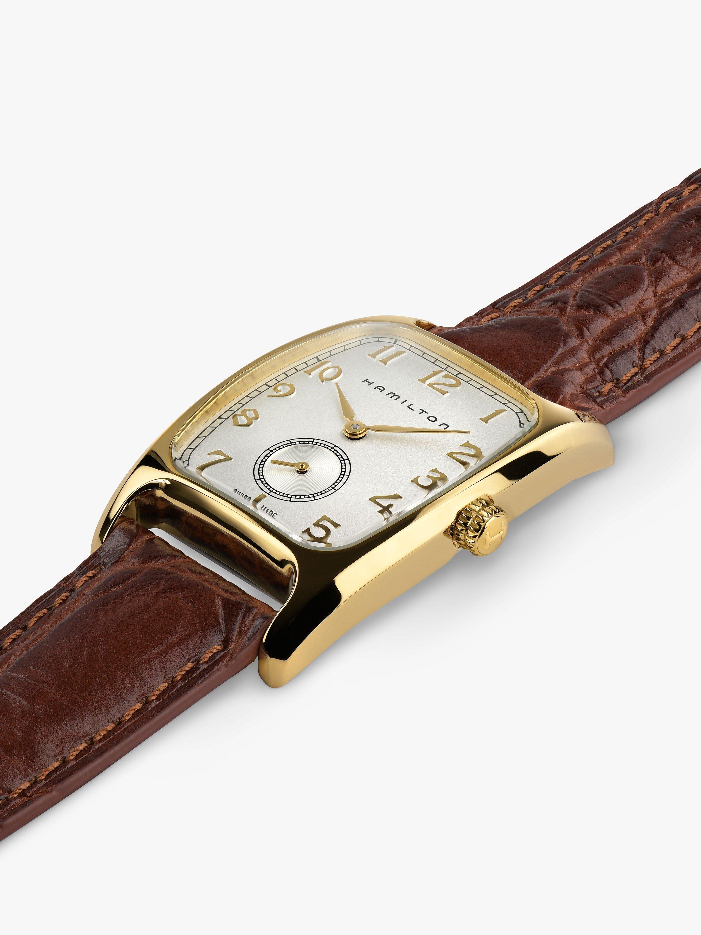 Product image 3 of 4, which shows Hamilton x Indiana Jones H13431553 Unisex American Classic Boulton Small Second Leather Strap Watch, Brown/Gold
