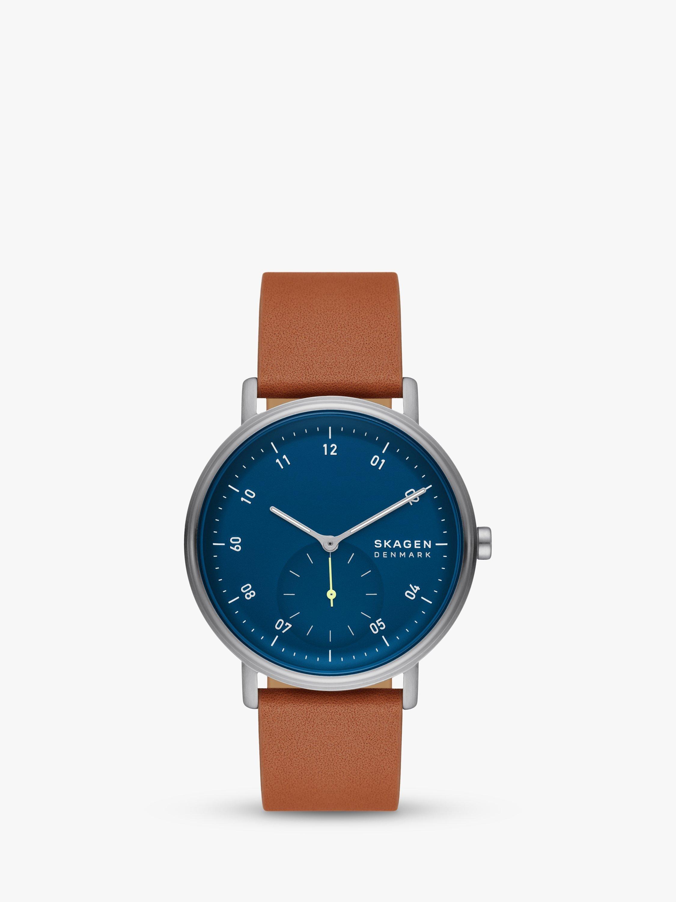 Product image 1 of 6, which shows Skagen Men's Kuppel Leather Strap Watch, Brown/Blue