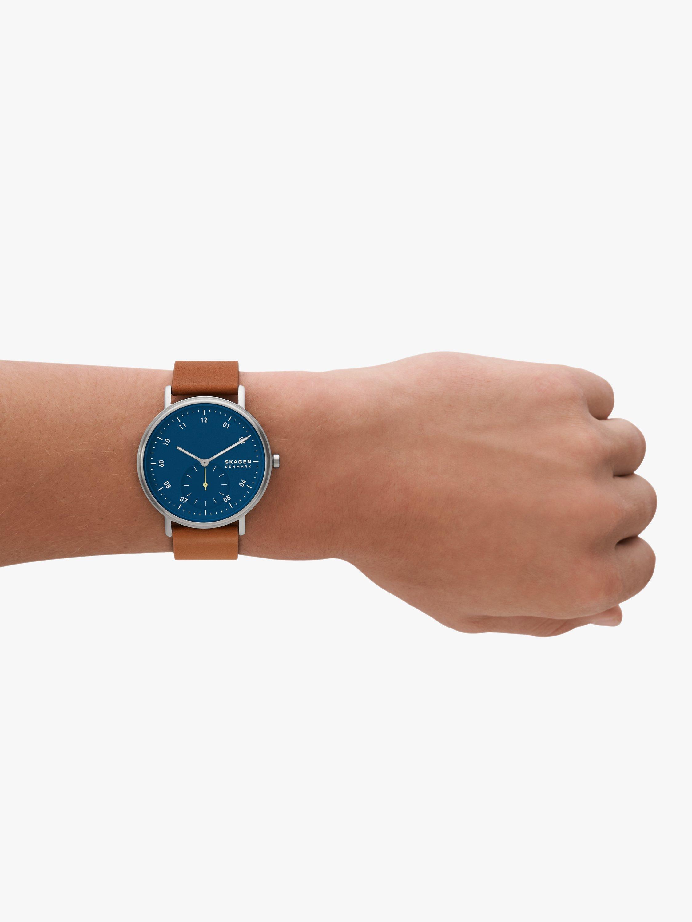 Product image 4 of 6, which shows Skagen Men's Kuppel Leather Strap Watch, Brown/Blue