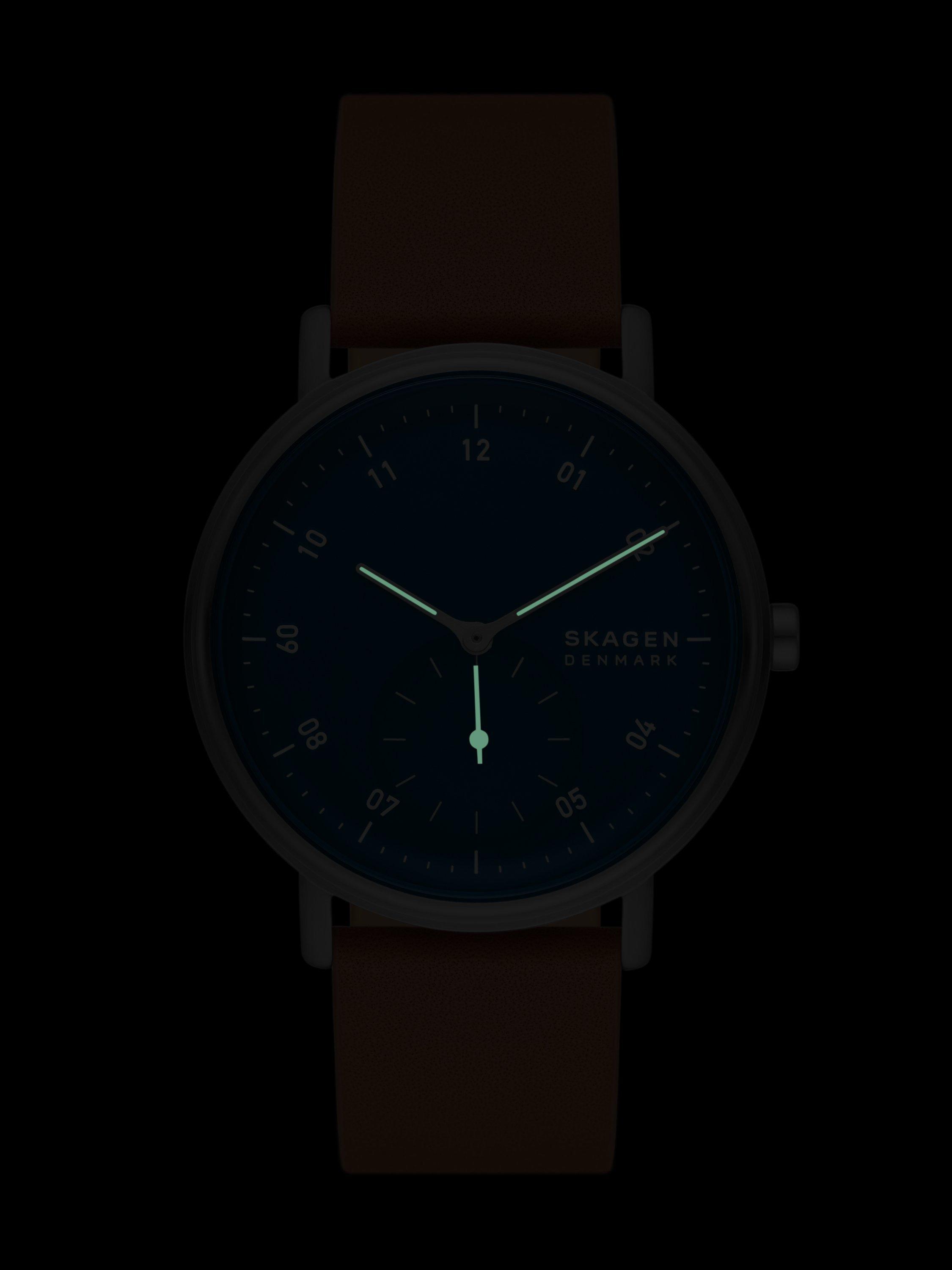 Product image 5 of 6, which shows Skagen Men's Kuppel Leather Strap Watch, Brown/Blue