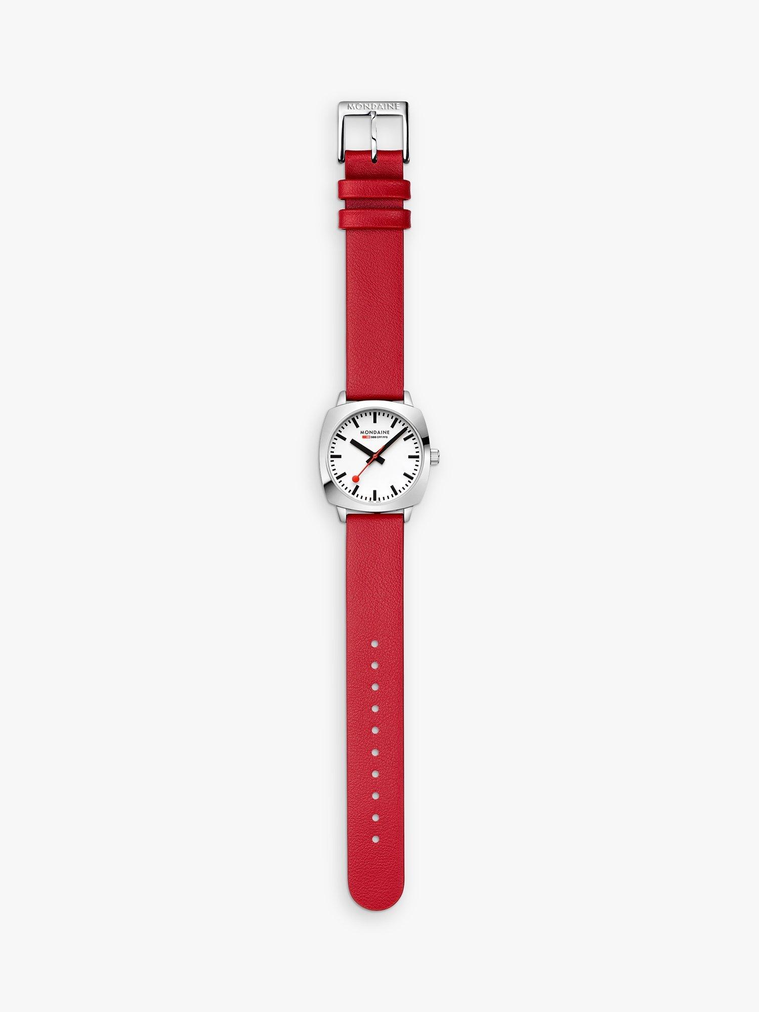 Mondaine Unisex Petite Cushion Vegan Leather Strap Watch Red