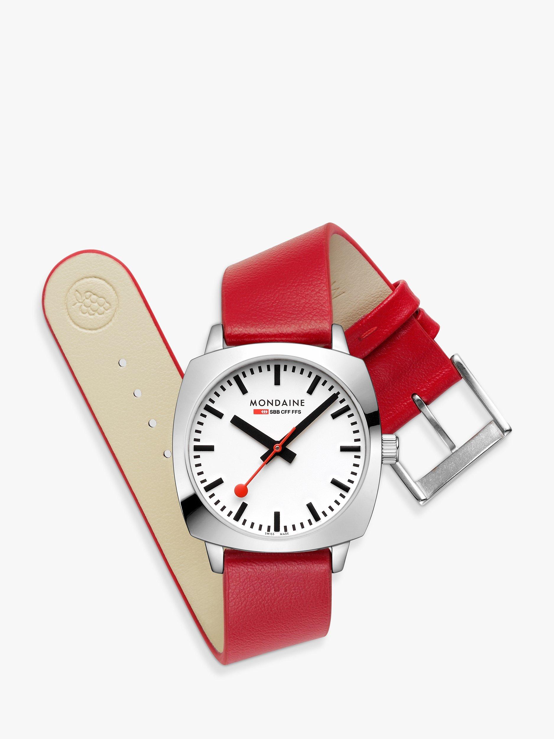 Product image 5 of 9, which shows Mondaine Unisex Petite Cushion Vegan Leather Strap Watch, Red