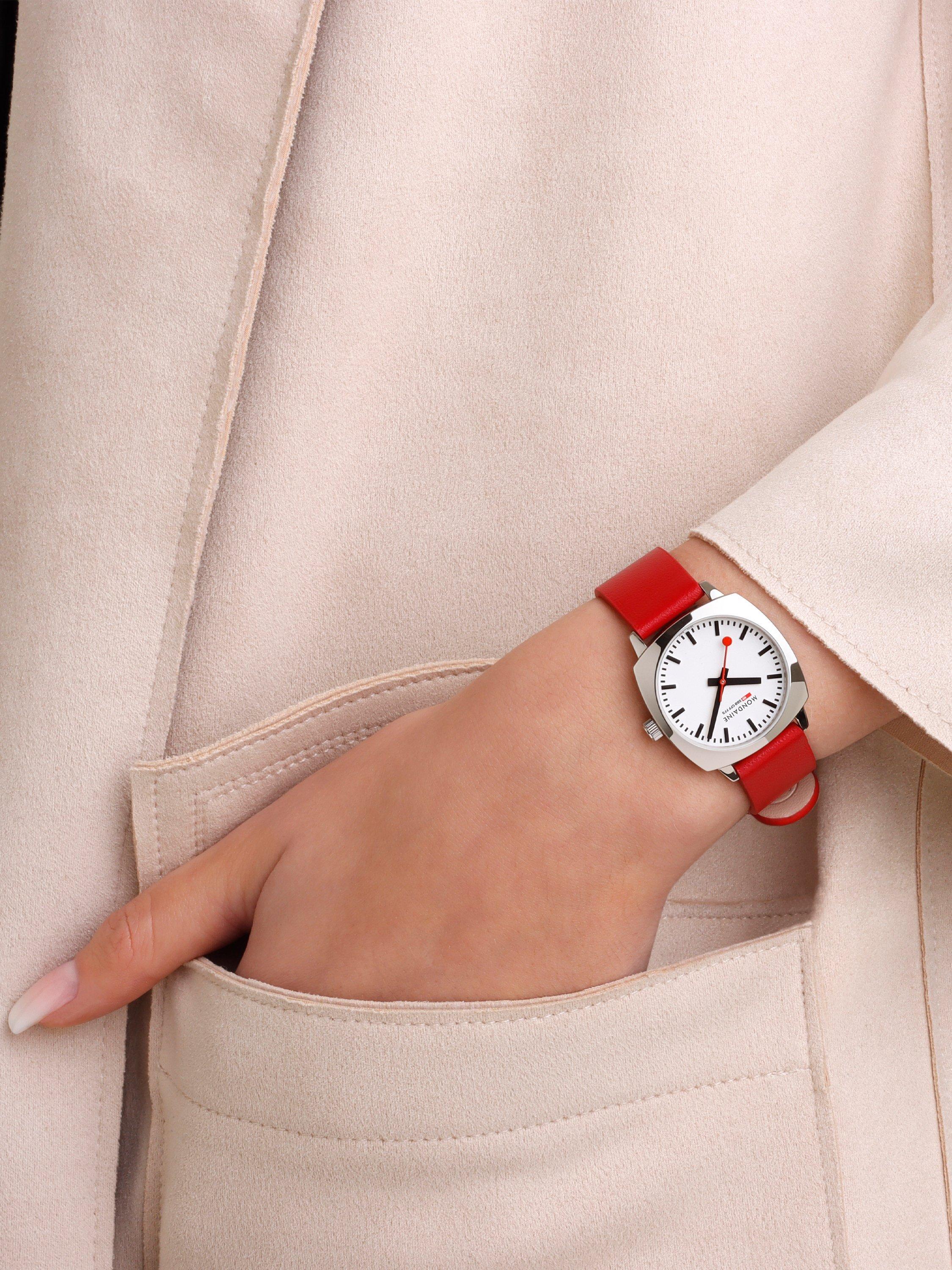 Product image 8 of 9, which shows Mondaine Unisex Petite Cushion Vegan Leather Strap Watch, Red