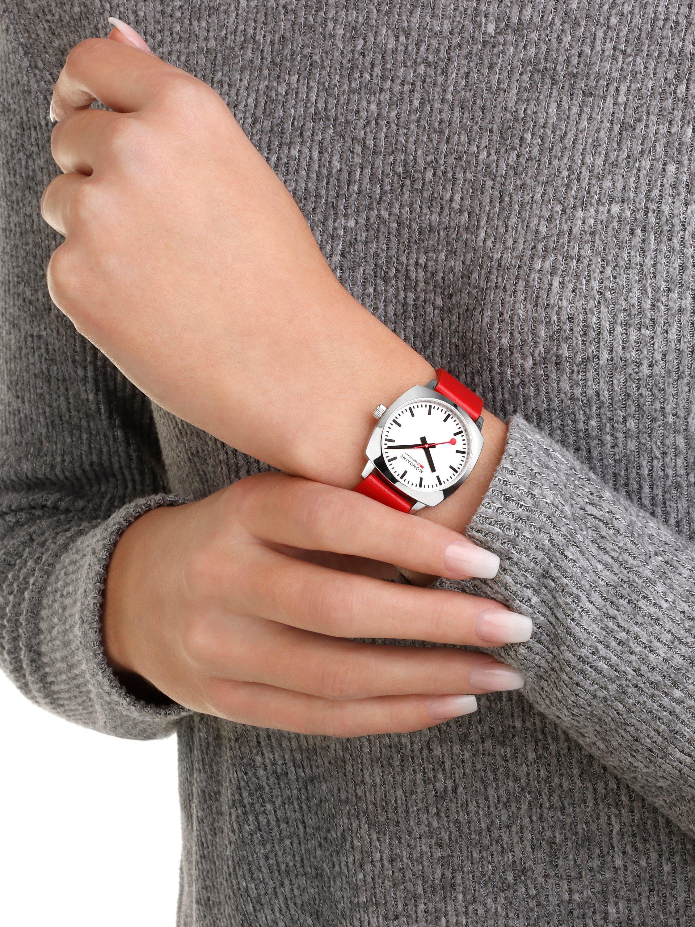 Product image 9 of 9, which shows Mondaine Unisex Petite Cushion Vegan Leather Strap Watch, Red