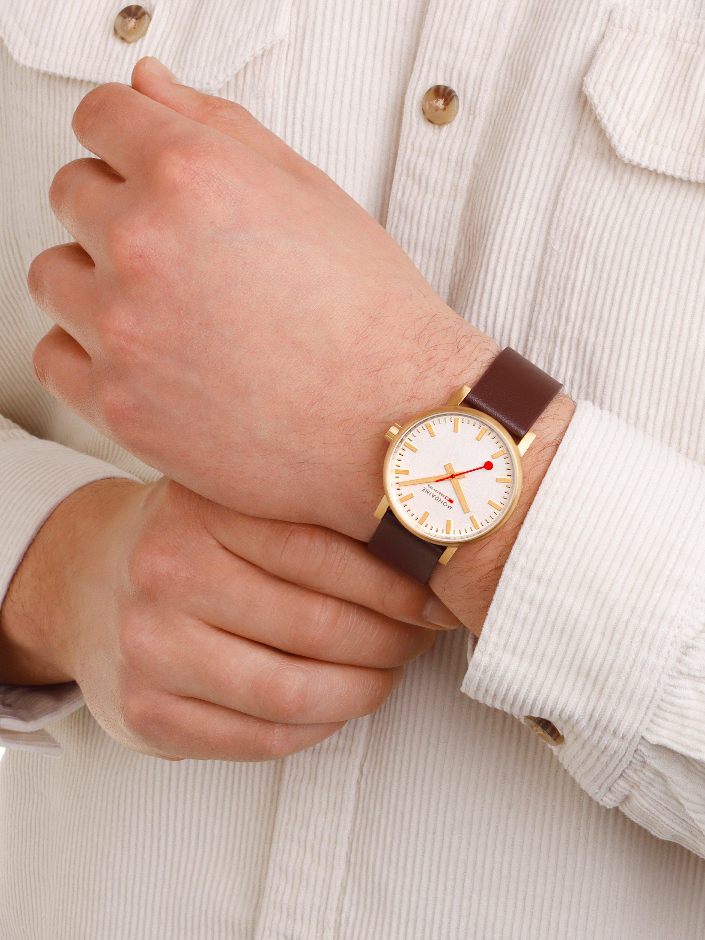 Product image 9 of 9, which shows Mondaine MSE.40112.LGV Unisex Vegan Leather Strap Watch, Brown