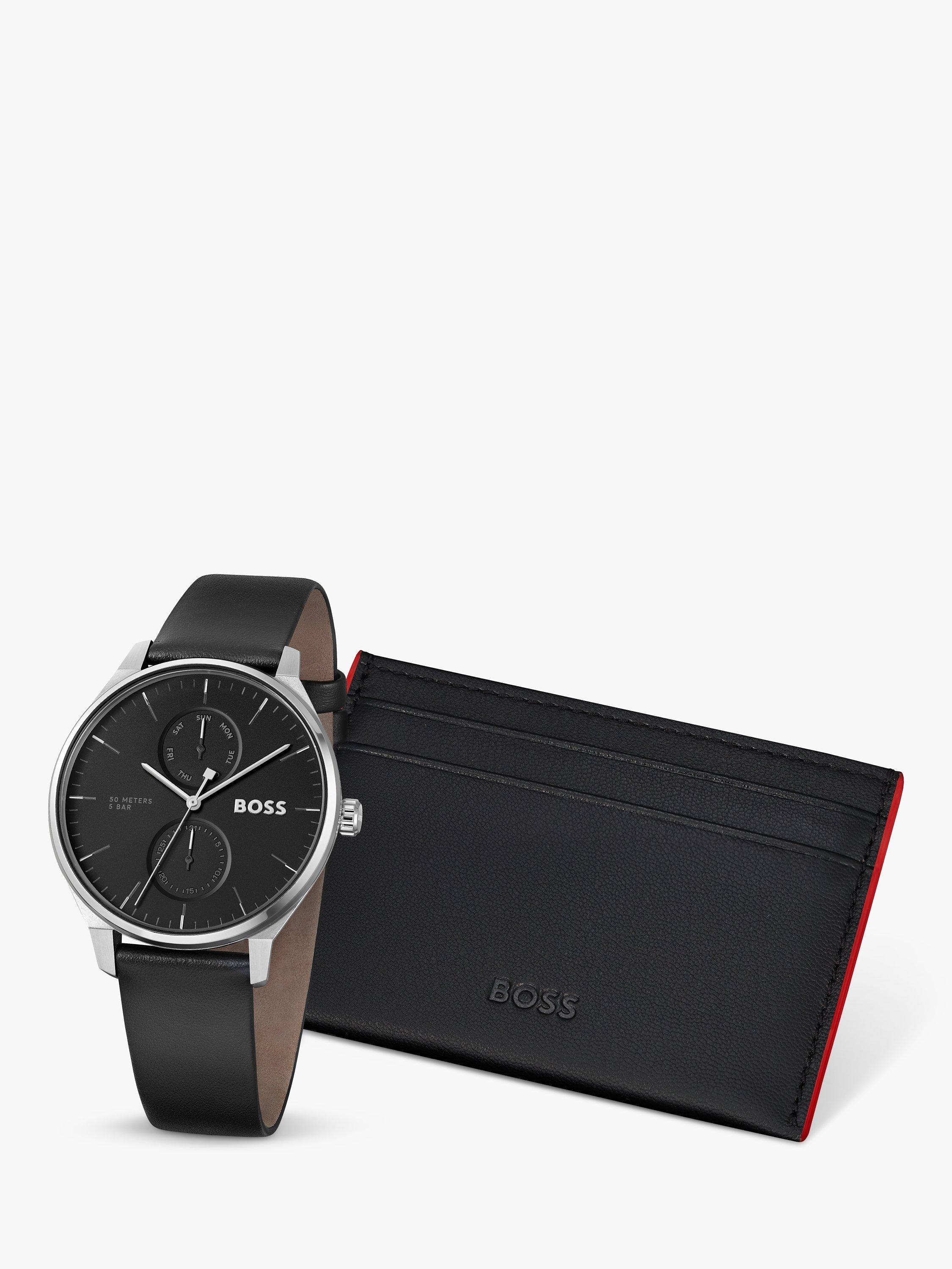 BOSS 1570163 Men's Tyler Leather Strap Watch & Card Holder Set, Black