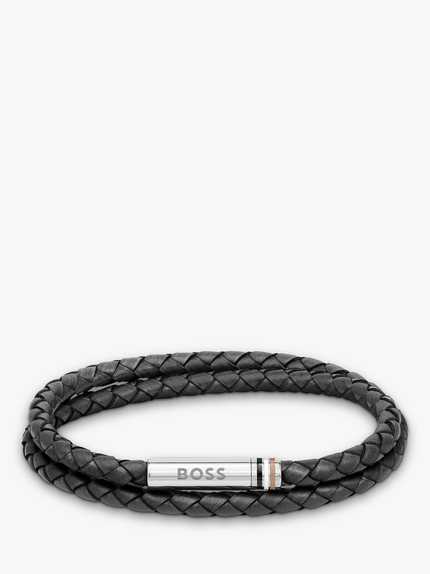 BOSS Men's Leather Double Braided Bracelet, Black