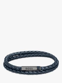 BOSS Men's Leather Double Braided Bracelet, Blue