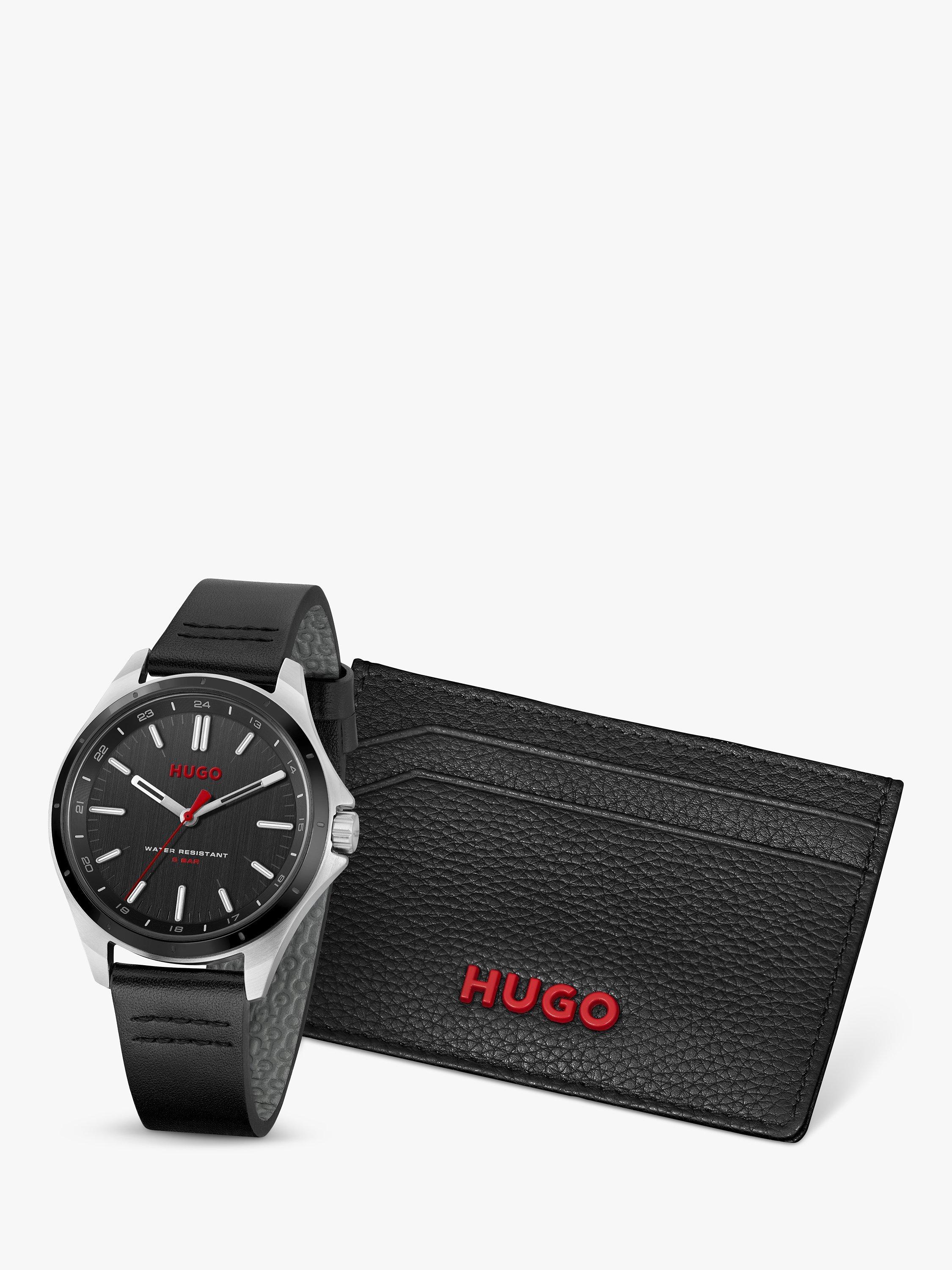 HUGO 1570155 Men's Complete Leather Strap Watch & Card Holder Set, Black