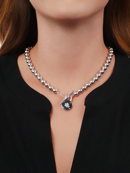 Lauren Ralph Lauren Sterling Silver Beaded T-Bar Necklace, Silver - view 2, Silver