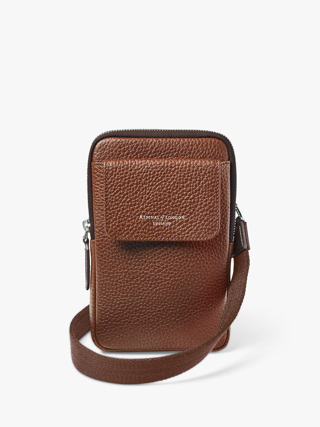 Product image 3 of 6, which shows Aspinal of London Reporter Pebble Leather Crossbody Phone Bag, Tobacco