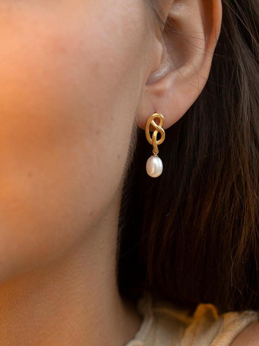 Product image 2 of 5, which shows Claudia Bradby Love Knot Freshwater Pearl Drop Earrings, Gold