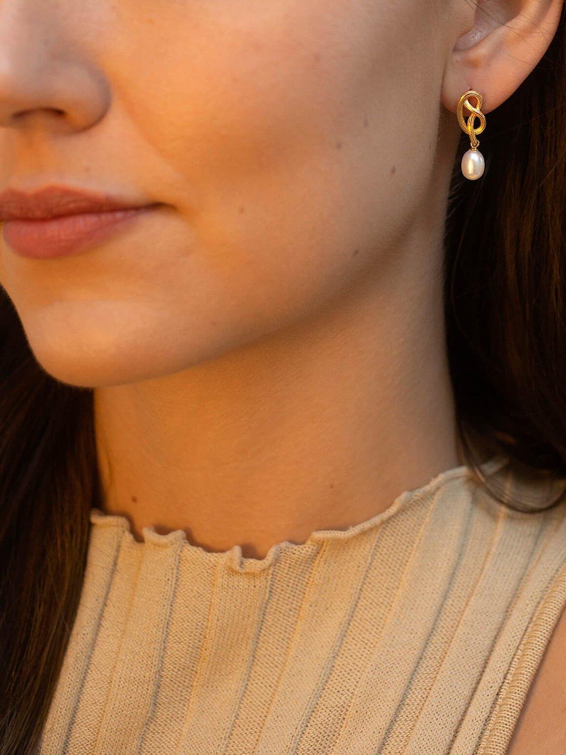 Product image 3 of 5, which shows Claudia Bradby Love Knot Freshwater Pearl Drop Earrings, Gold