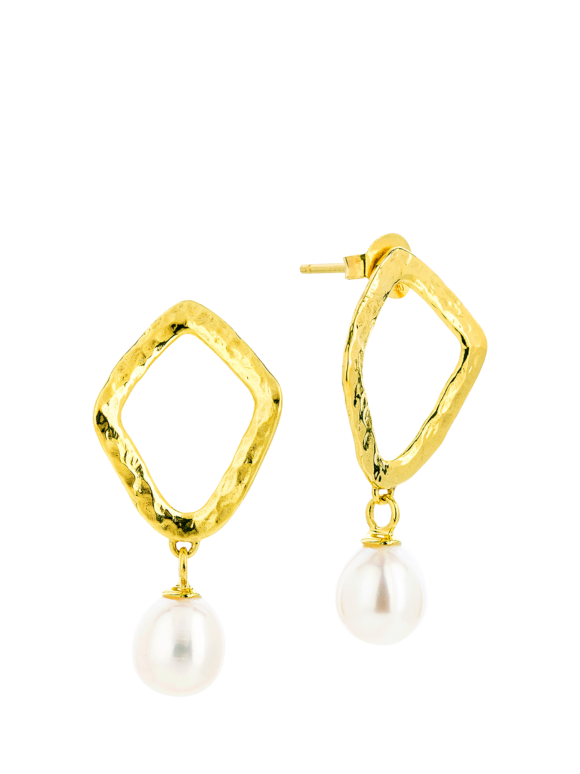 Product image 1 of 6, which shows Claudia Bradby Hammered Rhombus Freshwater Pearl Drop Earrings. Gold/White