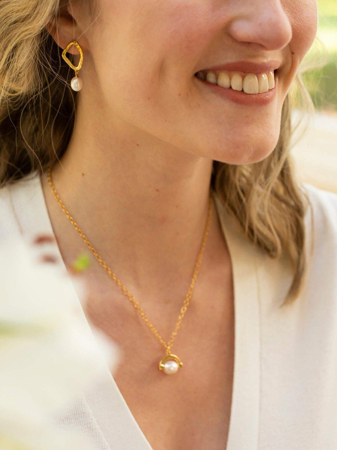 Product image 2 of 6, which shows Claudia Bradby Hammered Rhombus Freshwater Pearl Drop Earrings. Gold/White