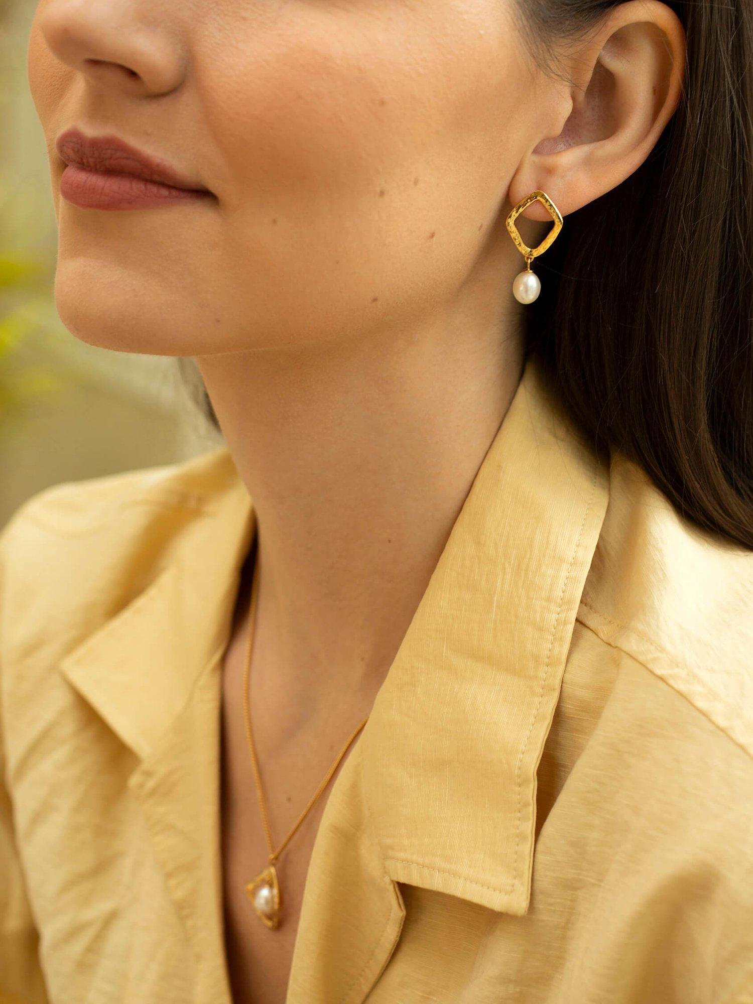 Product image 3 of 6, which shows Claudia Bradby Hammered Rhombus Freshwater Pearl Drop Earrings. Gold/White