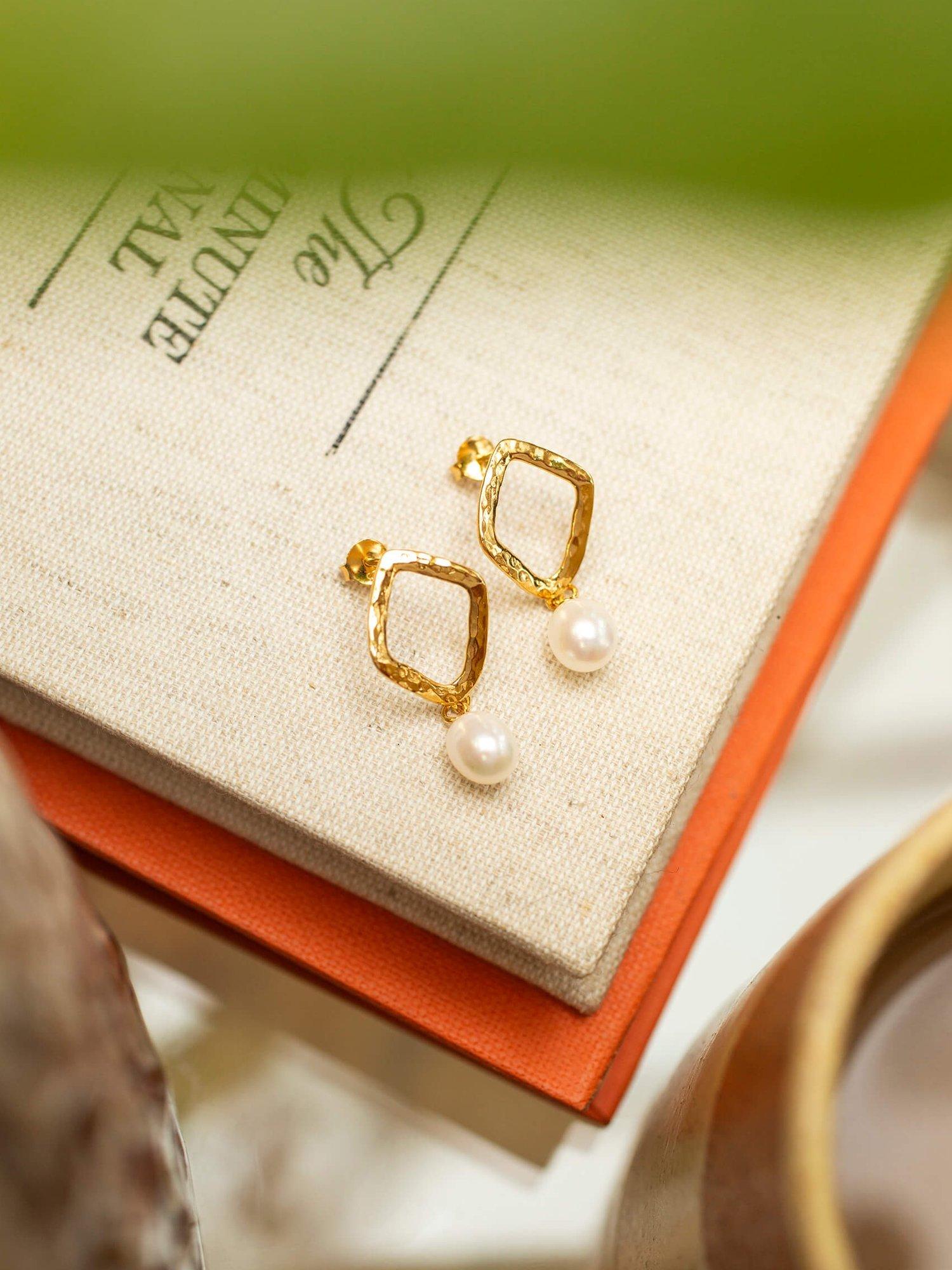 Product image 4 of 6, which shows Claudia Bradby Hammered Rhombus Freshwater Pearl Drop Earrings. Gold/White
