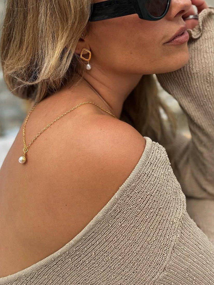 Product image 6 of 6, which shows Claudia Bradby Hammered Rhombus Freshwater Pearl Drop Earrings. Gold/White