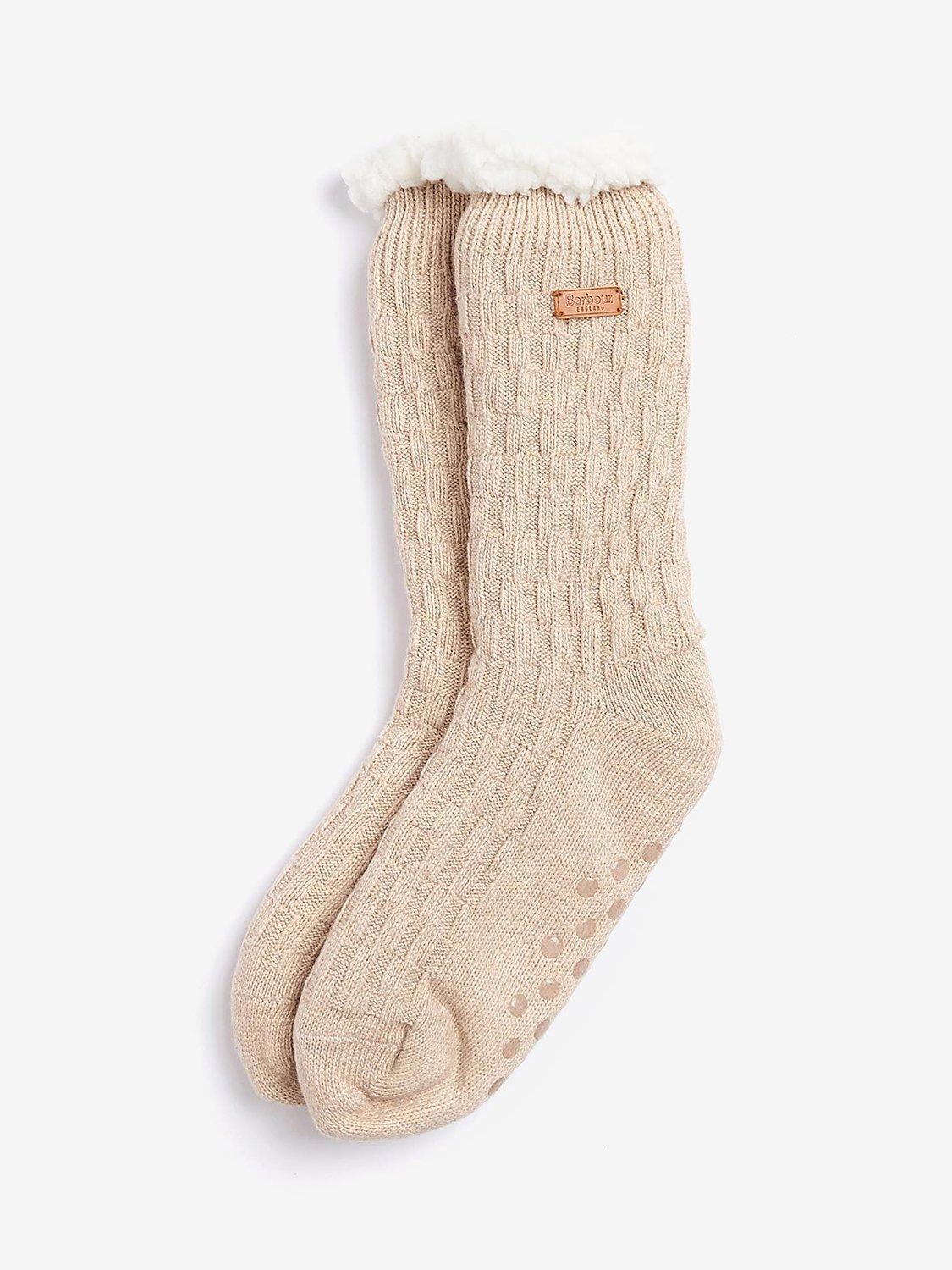 Product image 1 of 4, which shows Barbour Cable Knit Faux Fur Trim Lounge Socks, Oatmeal