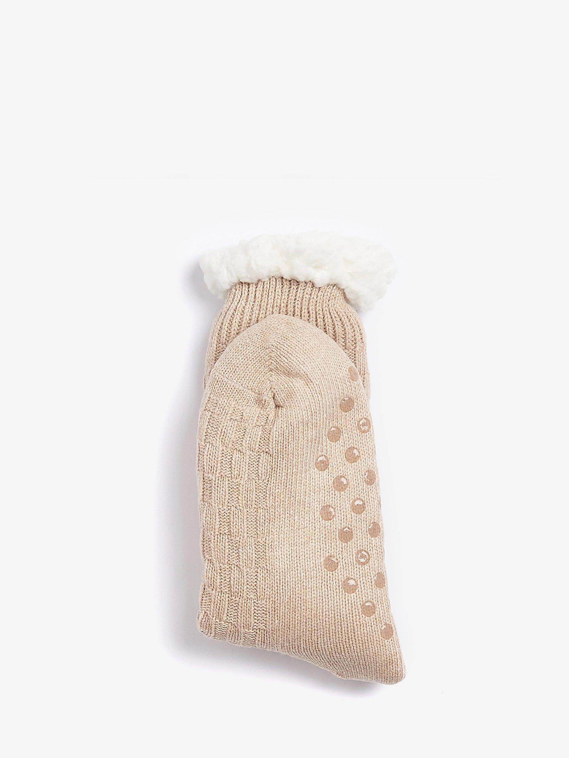 Product image 3 of 4, which shows Barbour Cable Knit Faux Fur Trim Lounge Socks, Oatmeal